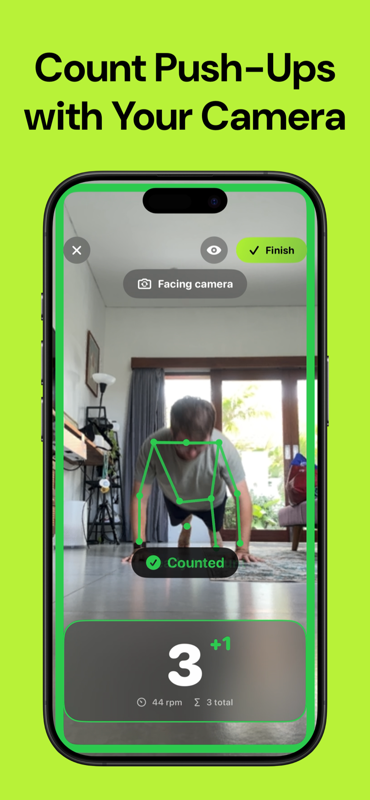 Count push-ups with your camera — Push Up Counter on iPhone showing a live rep count, pace in reps per minute and a skeleton tracking overlay