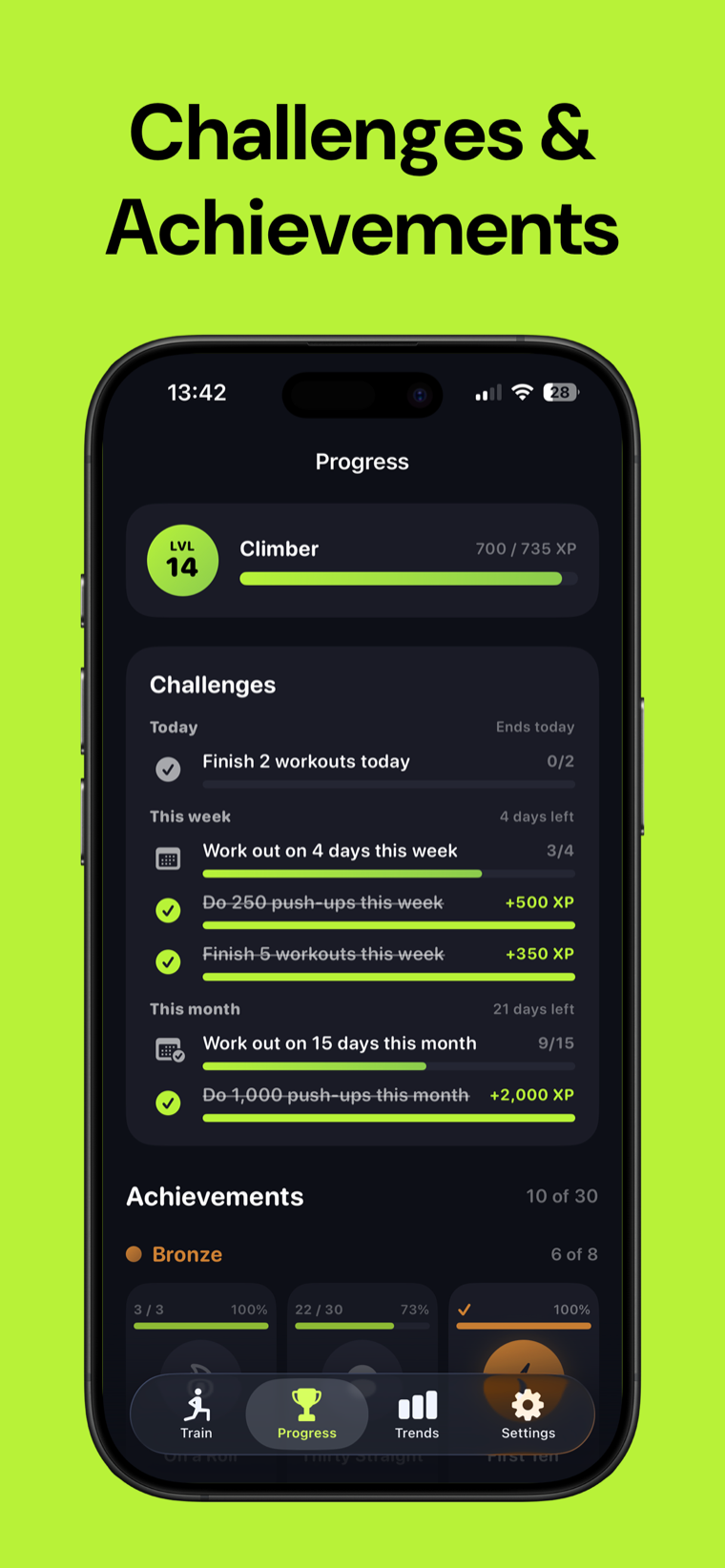 Challenges and achievements — Push Up Counter showing level and XP progress, weekly and monthly challenges, and unlocked achievements